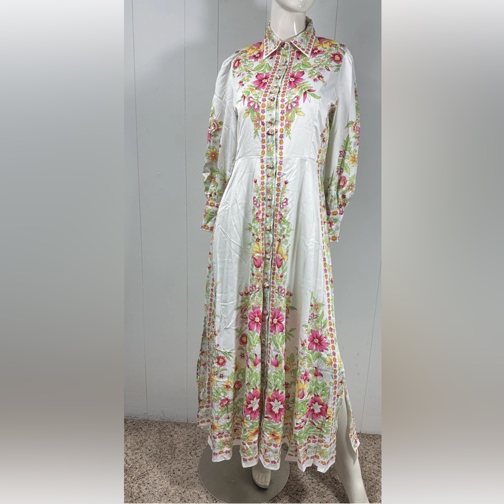 NWT Lai Meng Five Cats Floral Maxi High Collar Dress Long Sleeve M Button Front